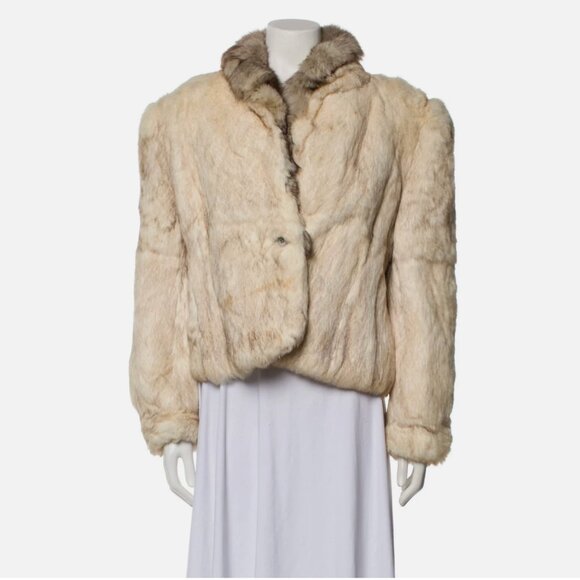 Vintage Genuine Rabbit and Fox Tail Cropped Fur Coat Jacket L Cream Glam Mobwife - Picture 1 of 10